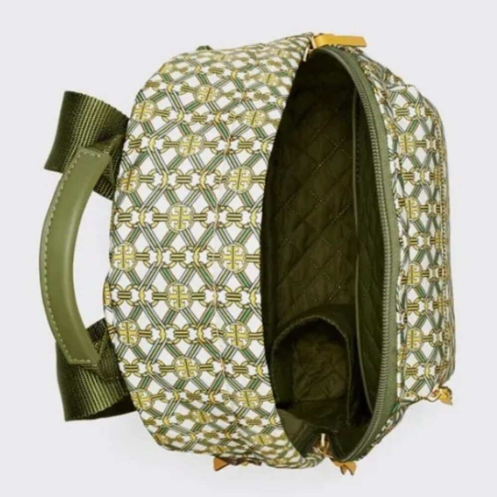 RARE Tory Burch Piper Bag Printed Backpack Green Gemini Link Satin Quilt Lined - Picture 3 of 5